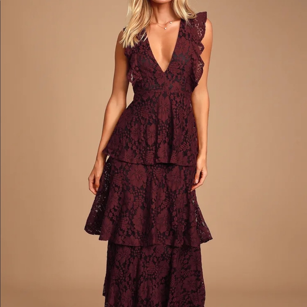 Lulus | Molinetto Burgundy Lace Ruffled Tiered Sleeveless Maxi Dress (XS)